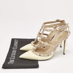 Pre Owned Valentino Yellow/Dusty Pink Patent Leather Rockstud Caged Ankle Strap Pumps Size 39