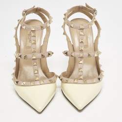 Pre Owned Valentino Yellow/Dusty Pink Patent Leather Rockstud Caged Ankle Strap Pumps Size 39