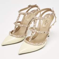 Pre Owned Valentino Yellow/Dusty Pink Patent Leather Rockstud Caged Ankle Strap Pumps Size 39