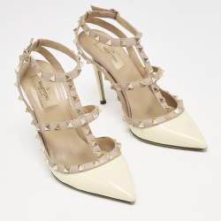 Pre Owned Valentino Yellow/Dusty Pink Patent Leather Rockstud Caged Ankle Strap Pumps Size 39