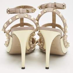 Pre Owned Valentino Yellow/Dusty Pink Patent Leather Rockstud Caged Ankle Strap Pumps Size 39