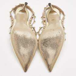 Pre Owned Valentino Yellow/Dusty Pink Patent Leather Rockstud Caged Ankle Strap Pumps Size 39