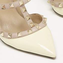 Pre Owned Valentino Yellow/Dusty Pink Patent Leather Rockstud Caged Ankle Strap Pumps Size 39