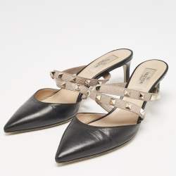 Valentino Black/Beige Leather Rockstud Heel Mules Size 37