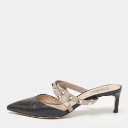 Valentino Black/Beige Leather Rockstud Heel Mules Size 37