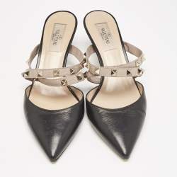 Valentino Black/Beige Leather Rockstud Heel Mules Size 37