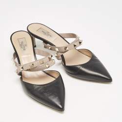 Valentino Black/Beige Leather Rockstud Heel Mules Size 37