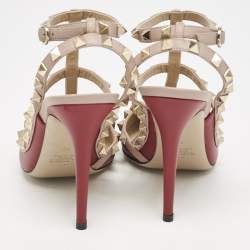 Pre Owned Valentino Burgundy/Dusty Pink Leather Rockstud Caged Ankle Strap Pumps Size 39