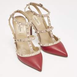 Pre Owned Valentino Burgundy/Dusty Pink Leather Rockstud Caged Ankle Strap Pumps Size 39