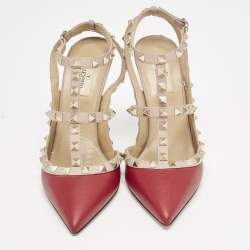 Pre Owned Valentino Burgundy/Dusty Pink Leather Rockstud Caged Ankle Strap Pumps Size 39