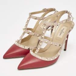 Pre Owned Valentino Burgundy/Dusty Pink Leather Rockstud Caged Ankle Strap Pumps Size 39