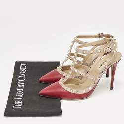 Pre Owned Valentino Burgundy/Dusty Pink Leather Rockstud Caged Ankle Strap Pumps Size 39
