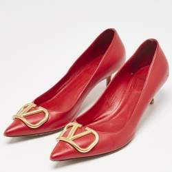 Valentino Red Leather VLogo Pointed Toe Pumps Size 37.5