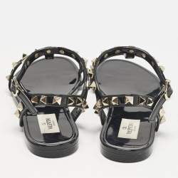 Pre Owned Valentino Black Rubber Rockstud Ankle Strap Flat Sandals Size 38