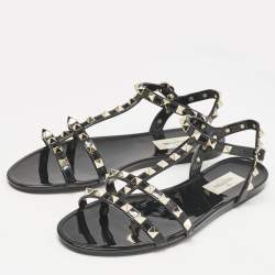 Pre Owned Valentino Black Rubber Rockstud Ankle Strap Flat Sandals Size 38