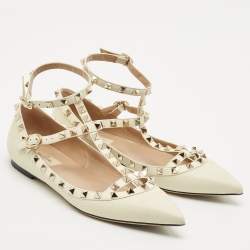 Valentino White Leather Rockstud Caged Ankle Strap Ballet Flats Size 38.5