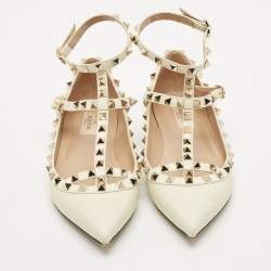 Valentino White Leather Rockstud Caged Ankle Strap Ballet Flats Size 38.5