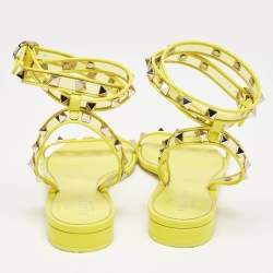 Valentino Yellow PVC and Leather Rockstud Ankle Strap Flat Sandals Size 39