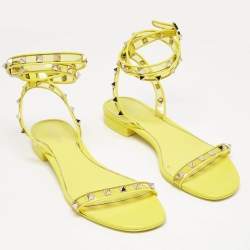 Valentino Yellow PVC and Leather Rockstud Ankle Strap Flat Sandals Size 39