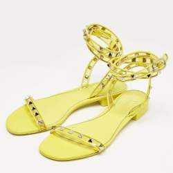 Valentino Yellow PVC and Leather Rockstud Ankle Strap Flat Sandals Size 39
