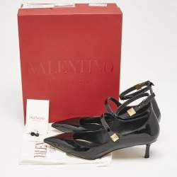 Valentino Black Patent Leather Rockstud Ankle Strap Pointed Toe Pumps Size 40