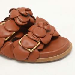 Valentino Brown Leather Atelier 03 Rose Edition Flat Slide Sandals Size 37