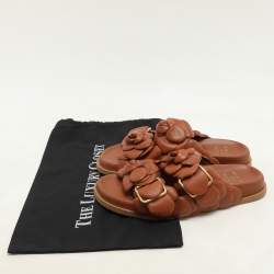 Valentino Brown Leather Atelier 03 Rose Edition Flat Slide Sandals Size 37