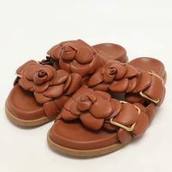 Valentino Brown Leather Atelier 03 Rose Edition Flat Slide Sandals Size 37