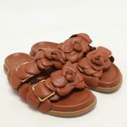 Valentino Brown Leather Atelier 03 Rose Edition Flat Slide Sandals Size 37