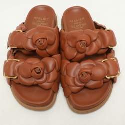 Valentino Brown Leather Atelier 03 Rose Edition Flat Slide Sandals Size 37