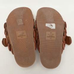 Valentino Brown Leather Atelier 03 Rose Edition Flat Slide Sandals Size 37