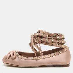 Valentino Rose Cannelle Satin and Leather Rockstud Multi Strap Ballet Flats Size 36.5