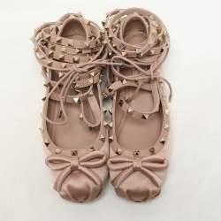 Valentino Rose Cannelle Satin and Leather Rockstud Multi Strap Ballet Flats Size 36.5