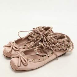 Valentino Rose Cannelle Satin and Leather Rockstud Multi Strap Ballet Flats Size 36.5