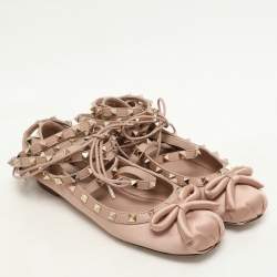 Valentino Rose Cannelle Satin and Leather Rockstud Multi Strap Ballet Flats Size 36.5