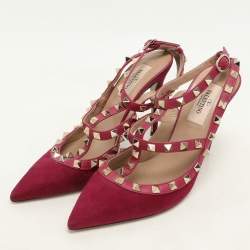 Valentino Pink Suede Rockstud Ankle Strap Pumps Size 37