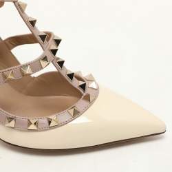 Valentino Cream/Beige Patent and Leather Rockstud Ankle Strap Pumps Size 37