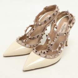 Valentino Cream/Beige Patent and Leather Rockstud Ankle Strap Pumps Size 37