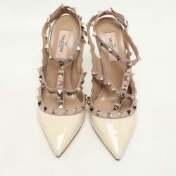 Valentino Cream/Beige Patent and Leather Rockstud Ankle Strap Pumps Size 37