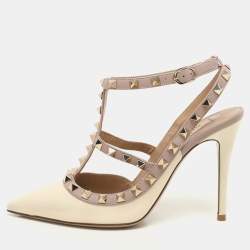 Valentino Cream/Beige Patent and Leather Rockstud Ankle Strap Pumps Size 37