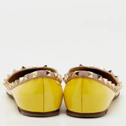 Valentino Yellow/Beige Patent Leather Rockstud Pointed Toe Ballet Flats Size 37