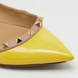 Valentino Yellow/Beige Patent Leather Rockstud Pointed Toe Ballet Flats Size 37