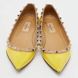 Valentino Yellow/Beige Patent Leather Rockstud Pointed Toe Ballet Flats Size 37