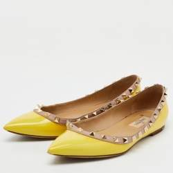 Valentino Yellow/Beige Patent Leather Rockstud Pointed Toe Ballet Flats Size 37