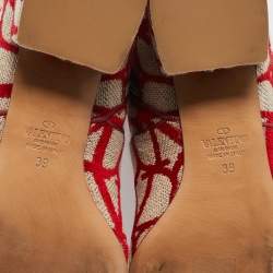 Pre Owned Valentino Beige/Red Iconographe Canvas VLogo Knee Length Boots Size 39