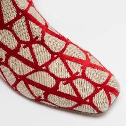 Pre Owned Valentino Beige/Red Iconographe Canvas VLogo Knee Length Boots Size 39