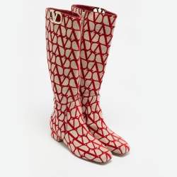 Pre Owned Valentino Beige/Red Iconographe Canvas VLogo Knee Length Boots Size 39