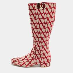Pre Owned Valentino Beige/Red Iconographe Canvas VLogo Knee Length Boots Size 39