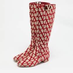 Pre Owned Valentino Beige/Red Iconographe Canvas VLogo Knee Length Boots Size 39