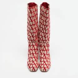 Pre Owned Valentino Beige/Red Iconographe Canvas VLogo Knee Length Boots Size 39